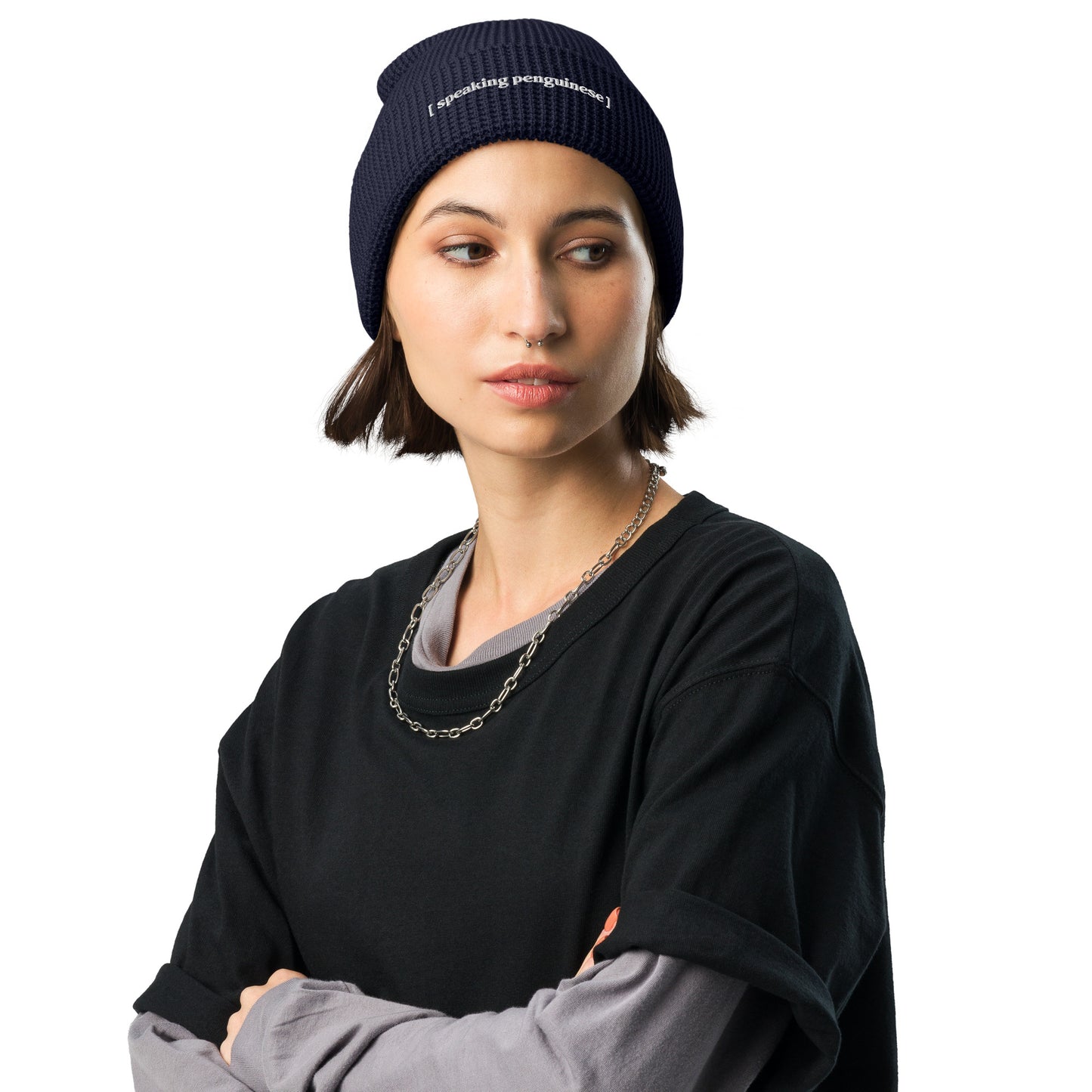 [speaking penguinese] - Waffle beanie