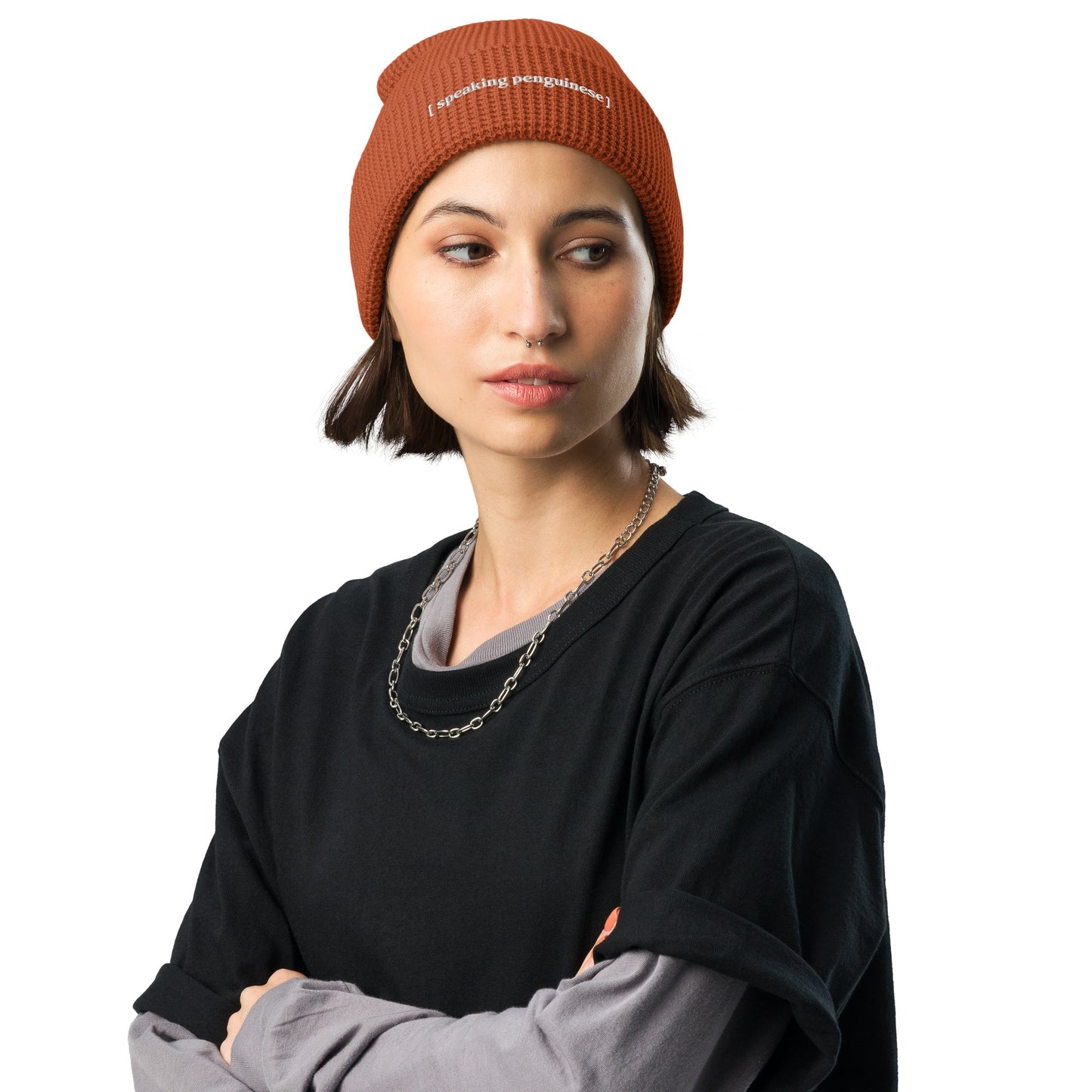 [speaking penguinese] - Waffle beanie